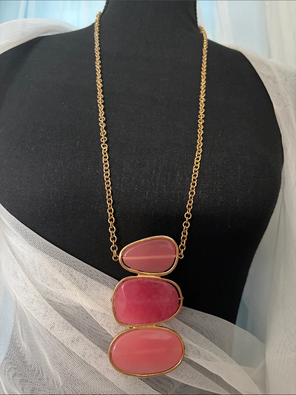 Chico's Gold-Tone Necklace with Pink Triple Cabochons